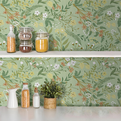 Abyssaly Floral Peel and Stick Wallpaper 17.3"×118" Removable Self-Adhesive Green Vinyl Wallpaper for Home Decor