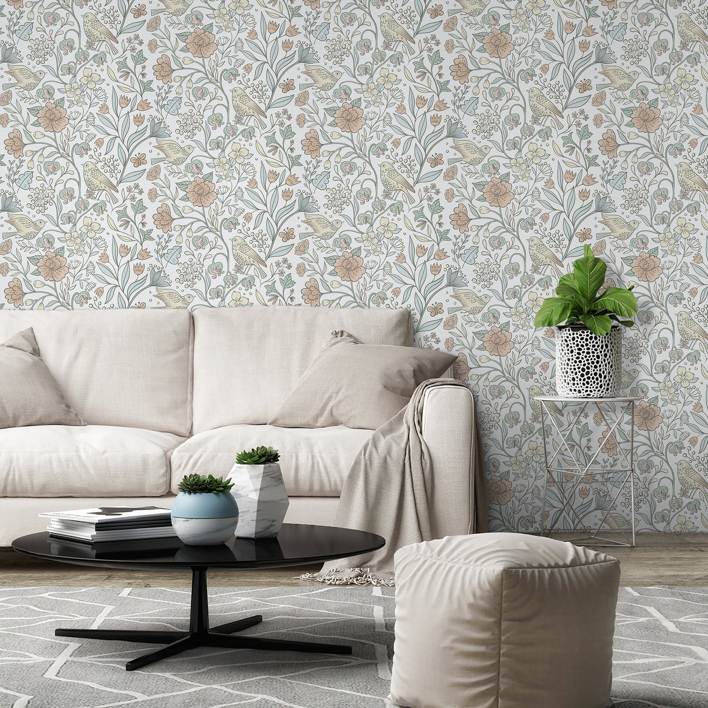 Abyssaly Floral Peel and Stick Wallpaper 17.7 "x 236" White Bird and Flower Wallpaper Vintage Vinyl Contact Paper Suitable for Home Walls Cabinet Bedroom