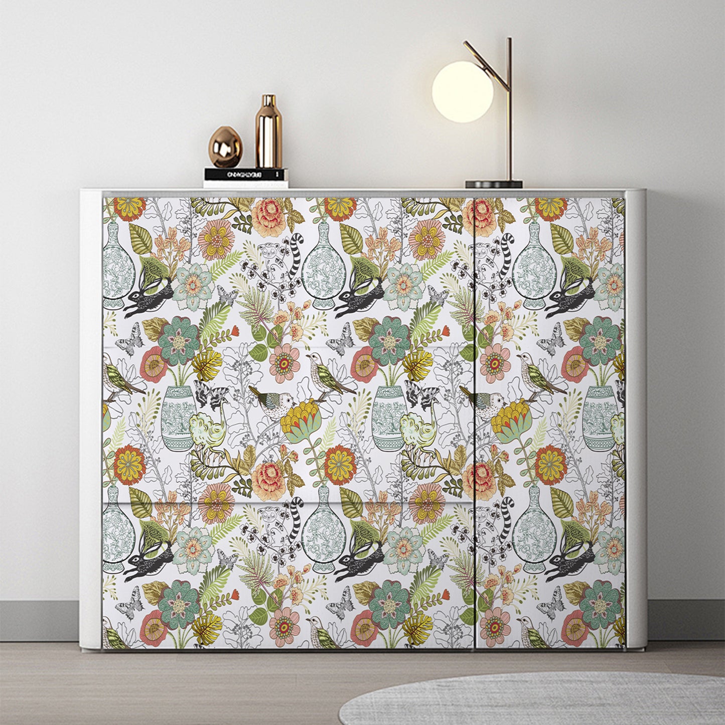 Abyssaly 17.7" x 236" Floral Peel and Stick Wallpaper Birds Mural, Animal Contact Paper White Green Red Vinyl Self Adhesive Wallpaper for Bedroom Home Decoration