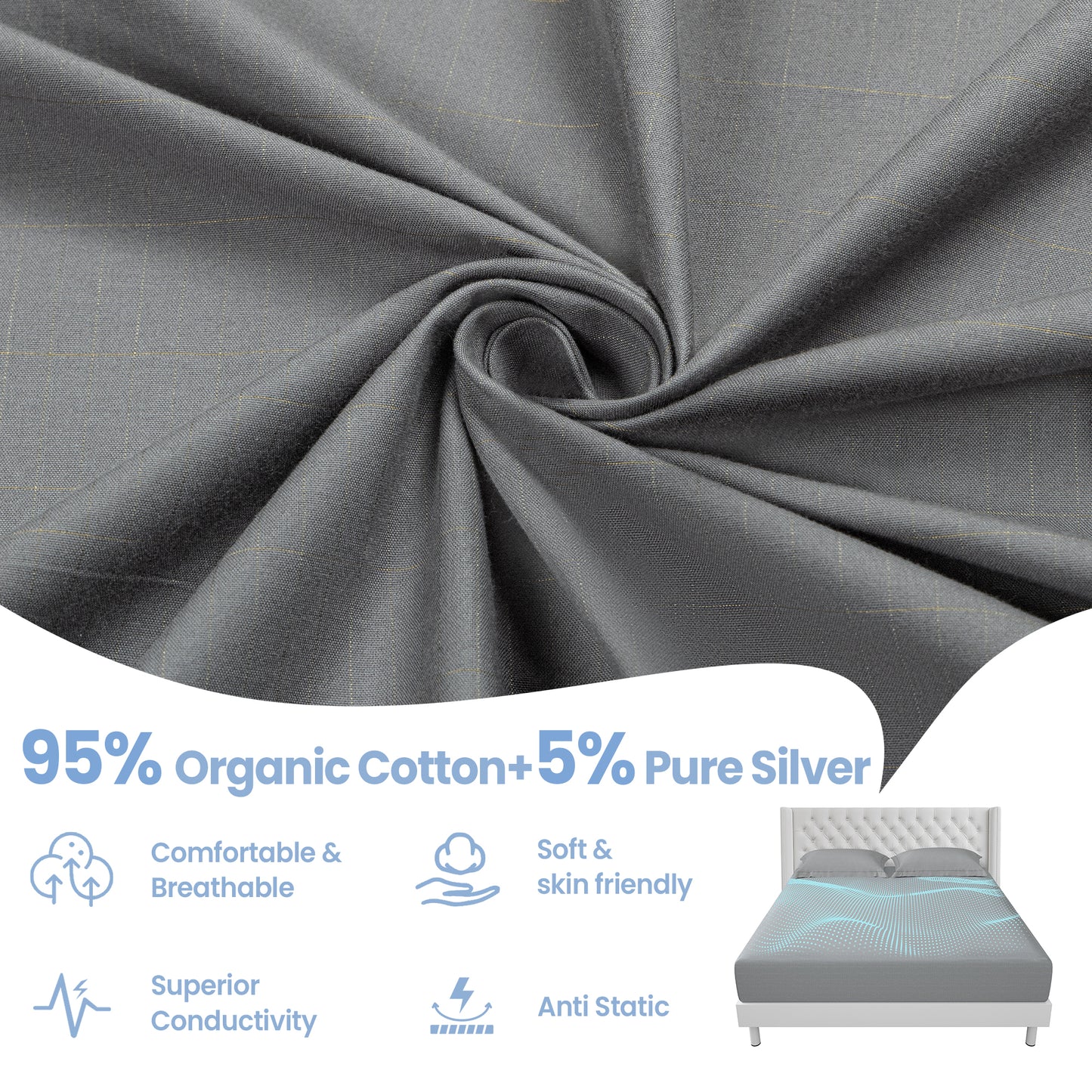 Alow Grounding Sheets Queen Size 90% Organic Cotton + 10% Pure Silver Fitted Bed Sheet Gray Fiber Grounding Sheet Earth Connected Bedding with Grounding Cord