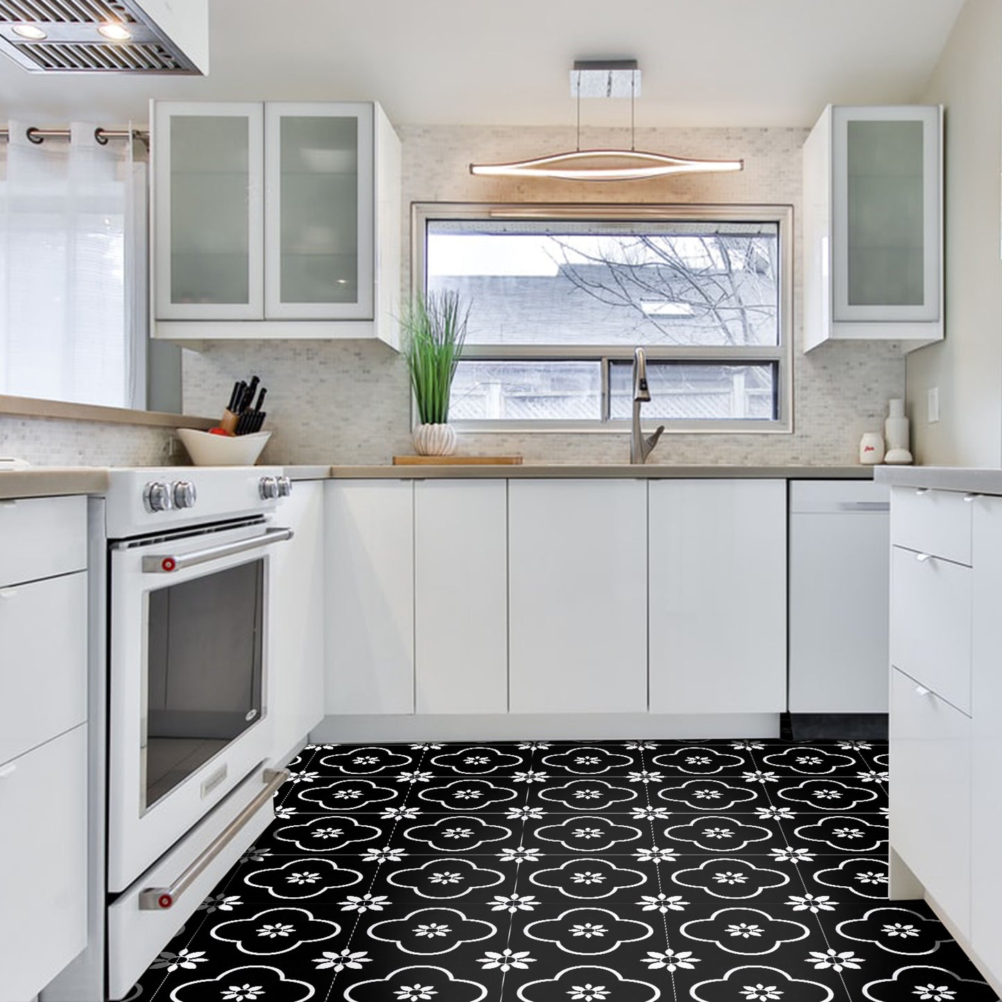 Abyssaly 20Pcs Black and White Vinyl Flooring Peel and Stick 12" x 12" Self Adhesive Floor Tile Removable Stickers Tile