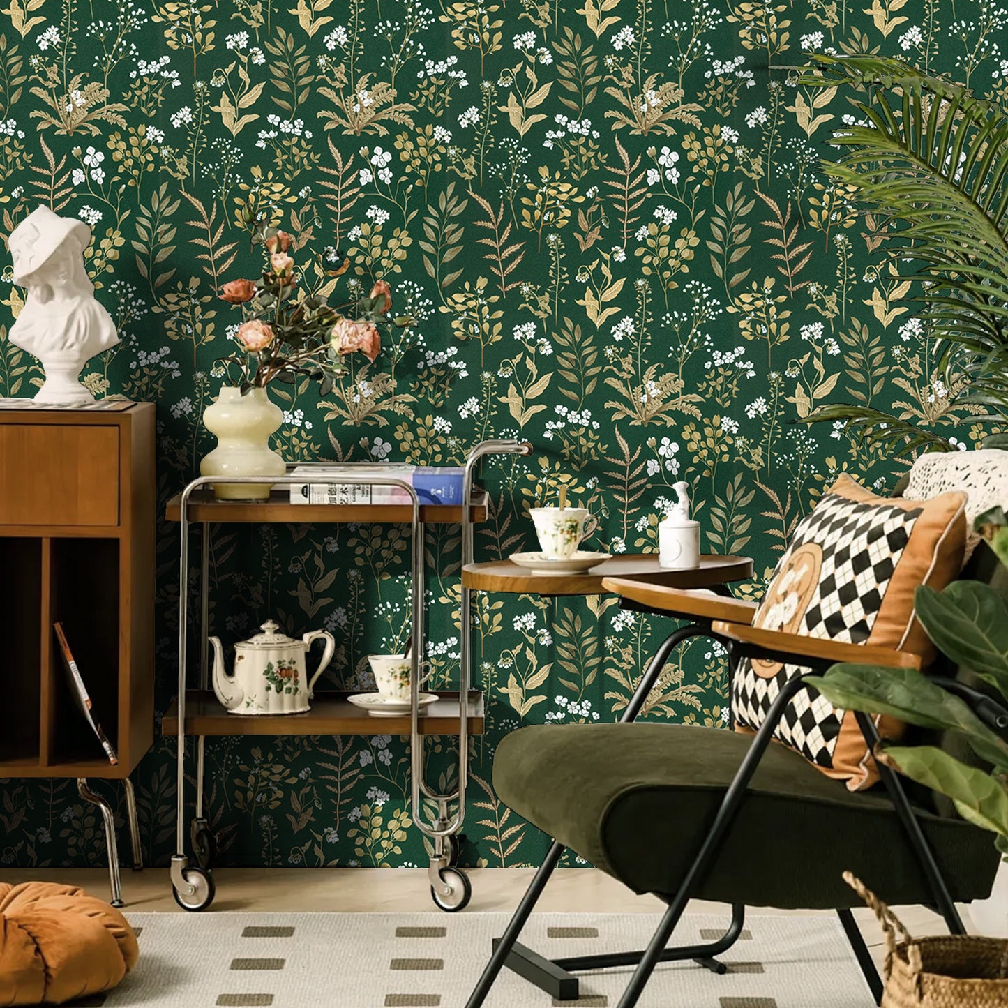 UMIGGEE Floral Wallpaper Peel and Stick Floral Dark Green Wallpaper Self Adhesive Flower Wall Paper Contact Paper 17.3-in x 118-in Home Decor Wall Covering Old Furniture Renovation