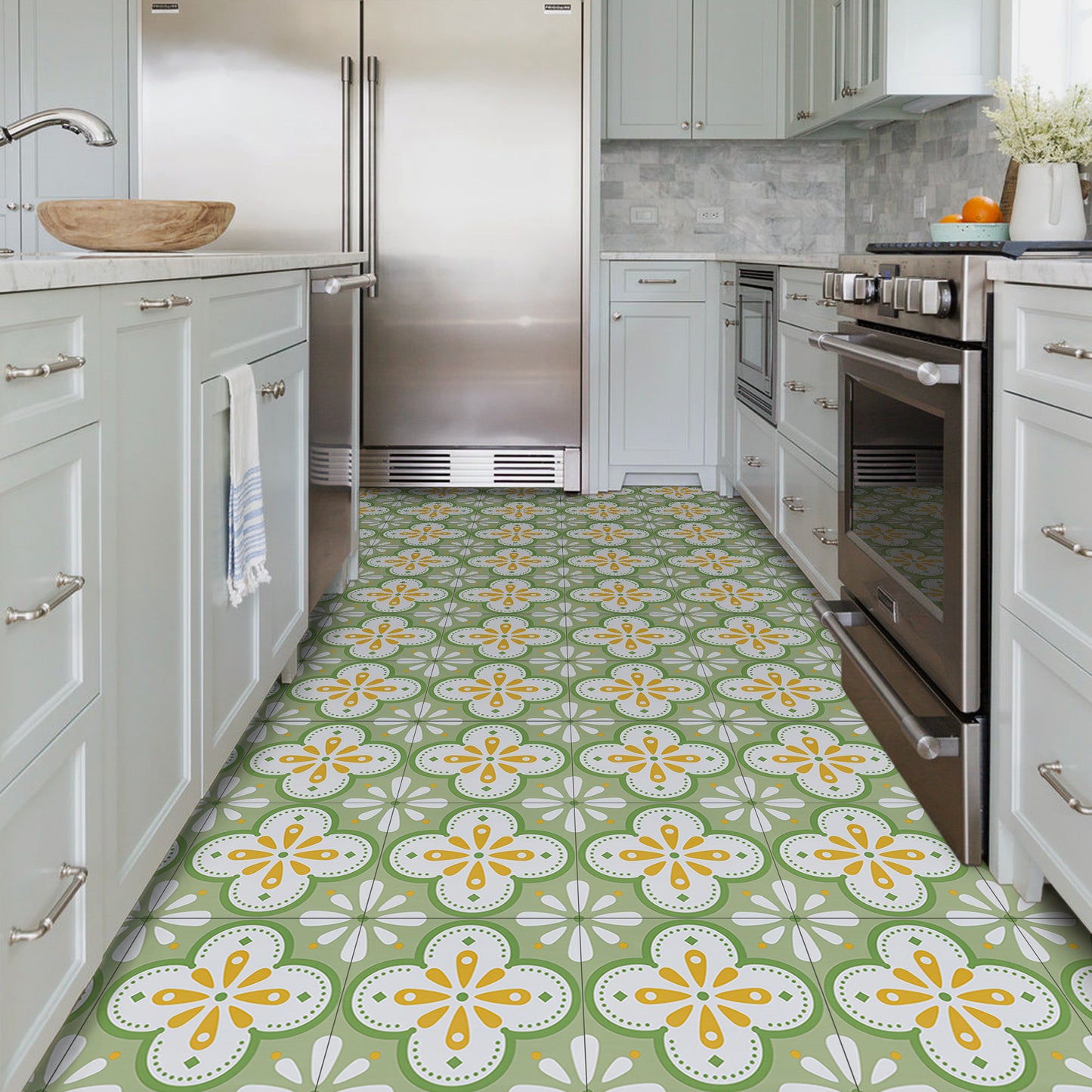 UMIGGEE Peel and Stick Floor Tile 12in x 12in x 1mm (10 Pcs/Pack) Floor Green flower Self Adhesive Vinyl Flooring Durable Transform for Kitchen Bedroom Laundry Room (10 Sq. ft/Pack)