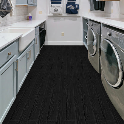 UMIGGEE Black Peel Stick Flooring 35-in x 5.7-in x 1.0mm 10-Pcs Vinyl Flooring Wood Grain Floor Tiles Easy to Install for Bathroom Kitchen Living Room Home Decor