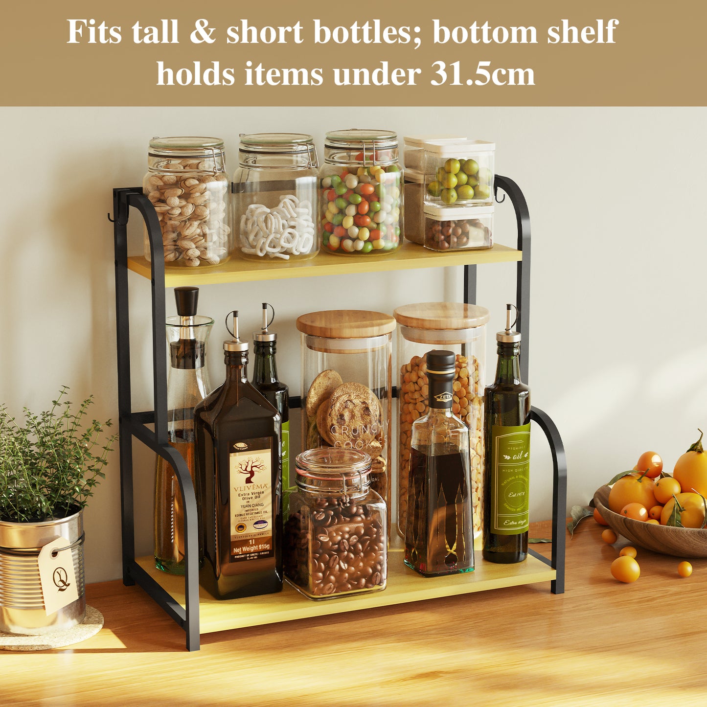 Alow 15.7"D x 7.95"W x 16.3"H Countertop Organizer 2 Tier Shelves Kitchen Shelf Organiser Spice Rack Storage Cupboard Organizer Black Wooden for Counter Top - Small Desk Worktop Organisation Unit