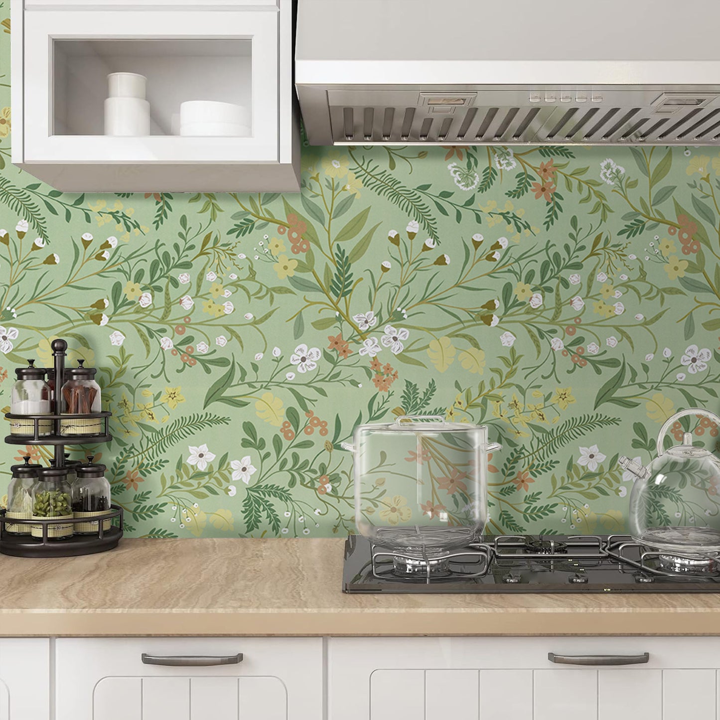 Abyssaly Floral Peel and Stick Wallpaper 17.3"×118" Removable Self-Adhesive Green Vinyl Wallpaper for Home Decor