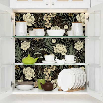 UMIGGEE Floral Wallpaper Peel and Stick Floral Black Wallpaper Self Adhesive Flower Wall Paper Contact Paper 17.7" x 118" Home Decor Wall Covering Old Furniture Renovation