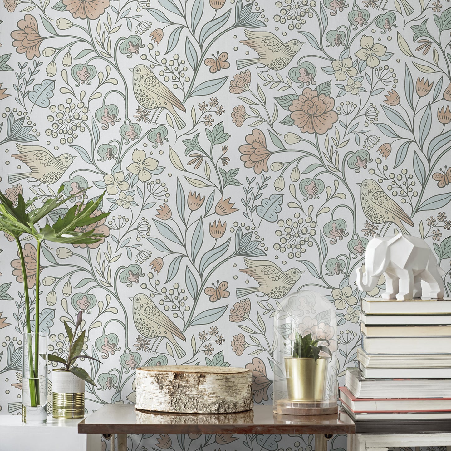 Abyssaly Floral Peel and Stick Wallpaper 17.7 "x 118"White Bird and Flower Wallpaper Vintage Vinyl Contact Paper Suitable for Home Walls Cabinet Bedroom