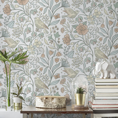 Abyssaly Floral Peel and Stick Wallpaper 17.7 "x 118"White Bird and Flower Wallpaper Vintage Vinyl Contact Paper Suitable for Home Walls Cabinet Bedroom