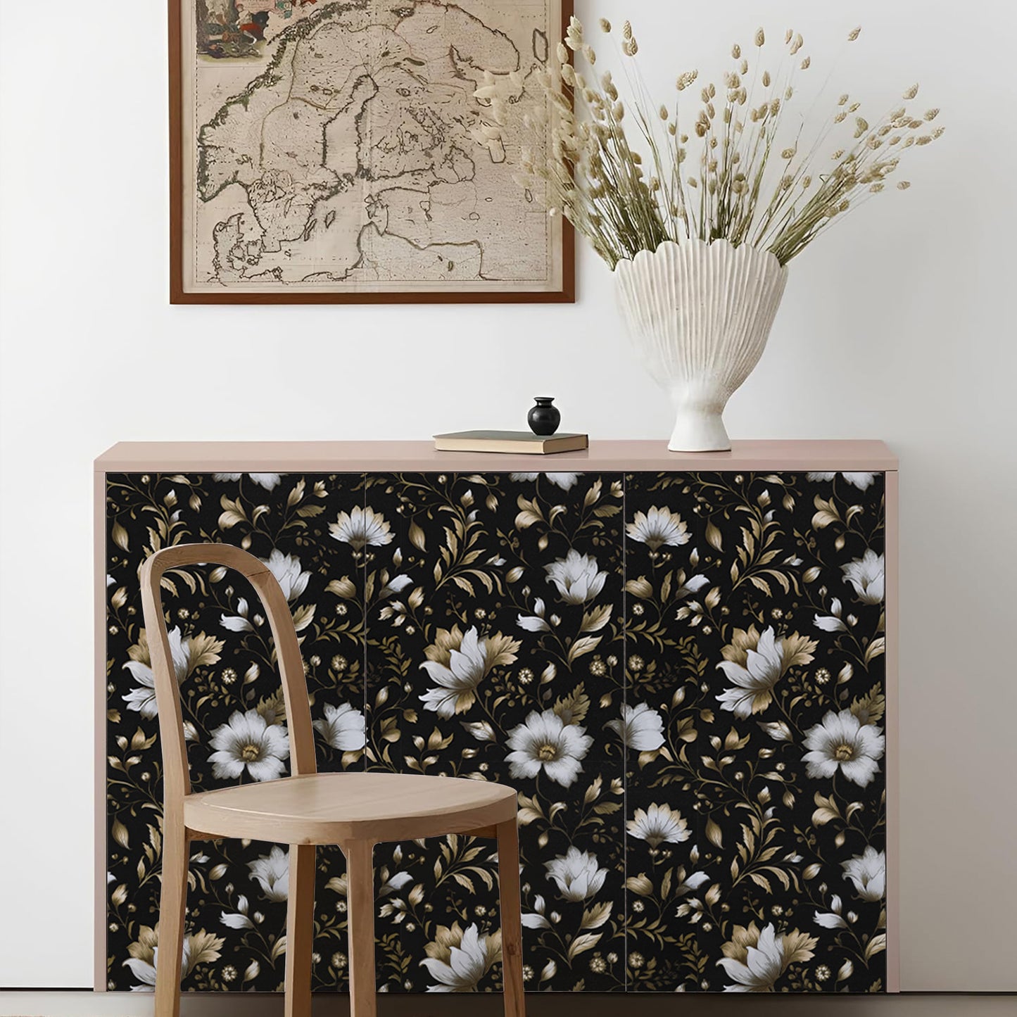Abyssaly Black Gold Floral Wallpaper, 17.3" x 118" Peel and Stick Wallpaper Self-Adhesive Removable Contact Paper for Cabinets, Home Decoration