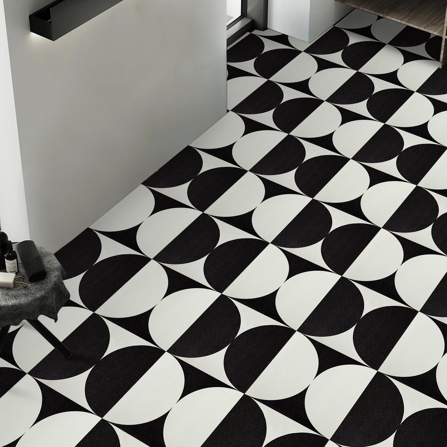 UMIGGEE Black&White Semicircul Vinyl Floor Tile 11.8"x11.8"x1.0mm (10-pcs) Peel and Stick Floor Tile Self Adhesive Leathers Look Flooring Tile Home Decor Kitchen Bedroom (Cover 9.6 sq. ft./ Pack)