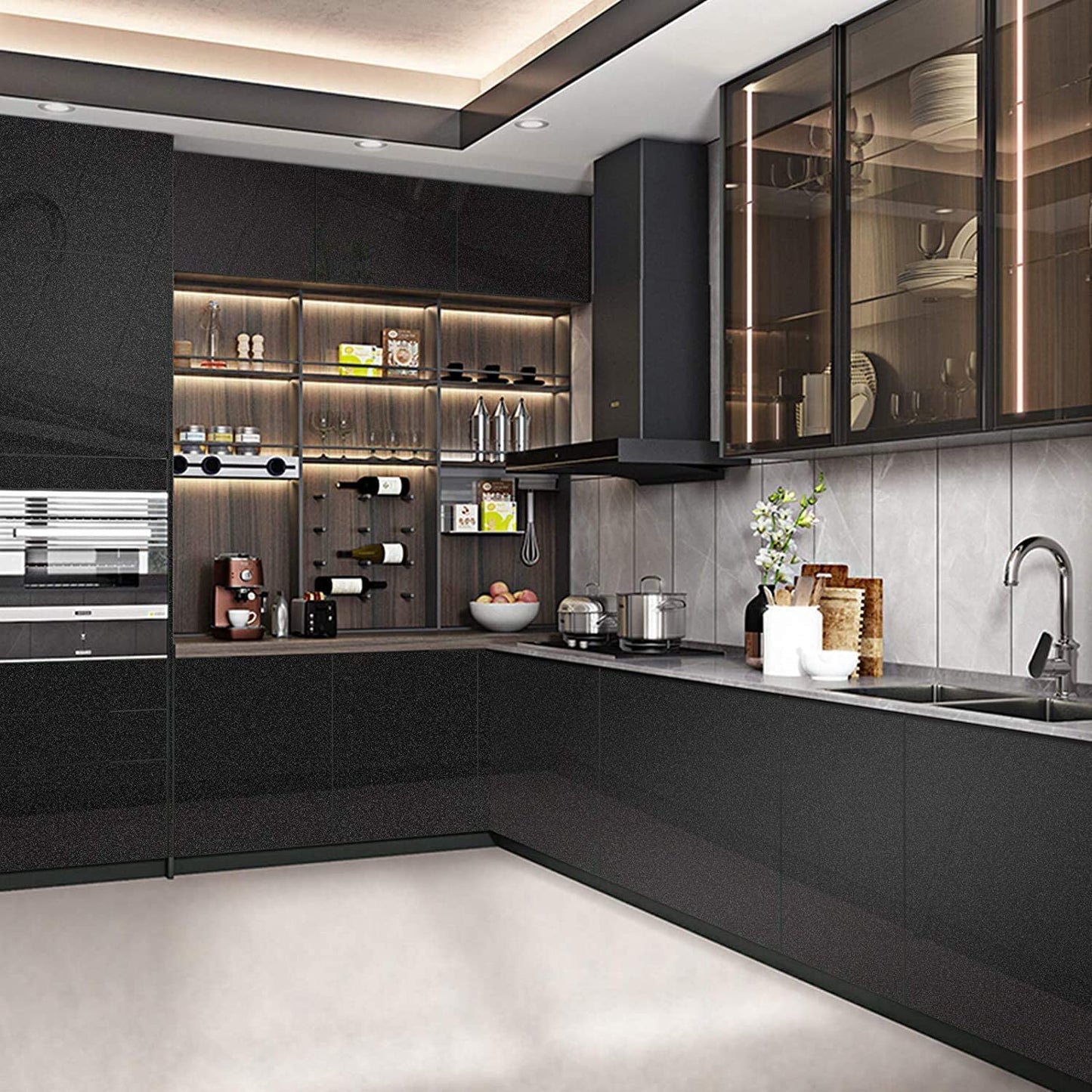 Abyssaly15.7" x 393.7" Peel and Stick Wallpaper Black Glitter Wallpaper Self Adhesive Contact Paper Film Decorative Paper for Wallcovering Kitchen Countertop Wardrobe Furniture