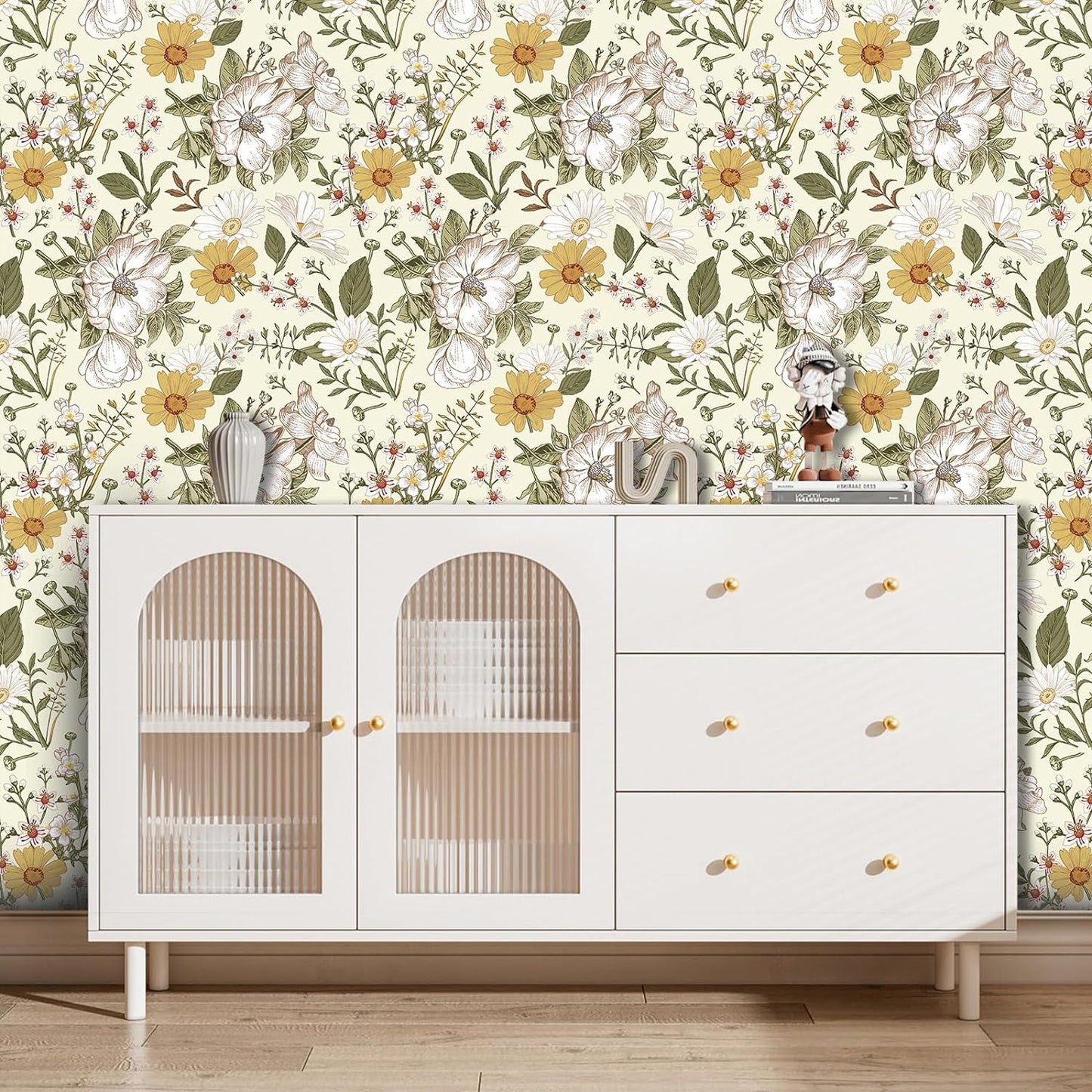 Abyssaly Floral Peel and Stick Wallpaper 17.7" x 118" Self-Adhesive Removable Vintage Beige Flower Wall Paper Contact Paper for Bedroom Kitchen