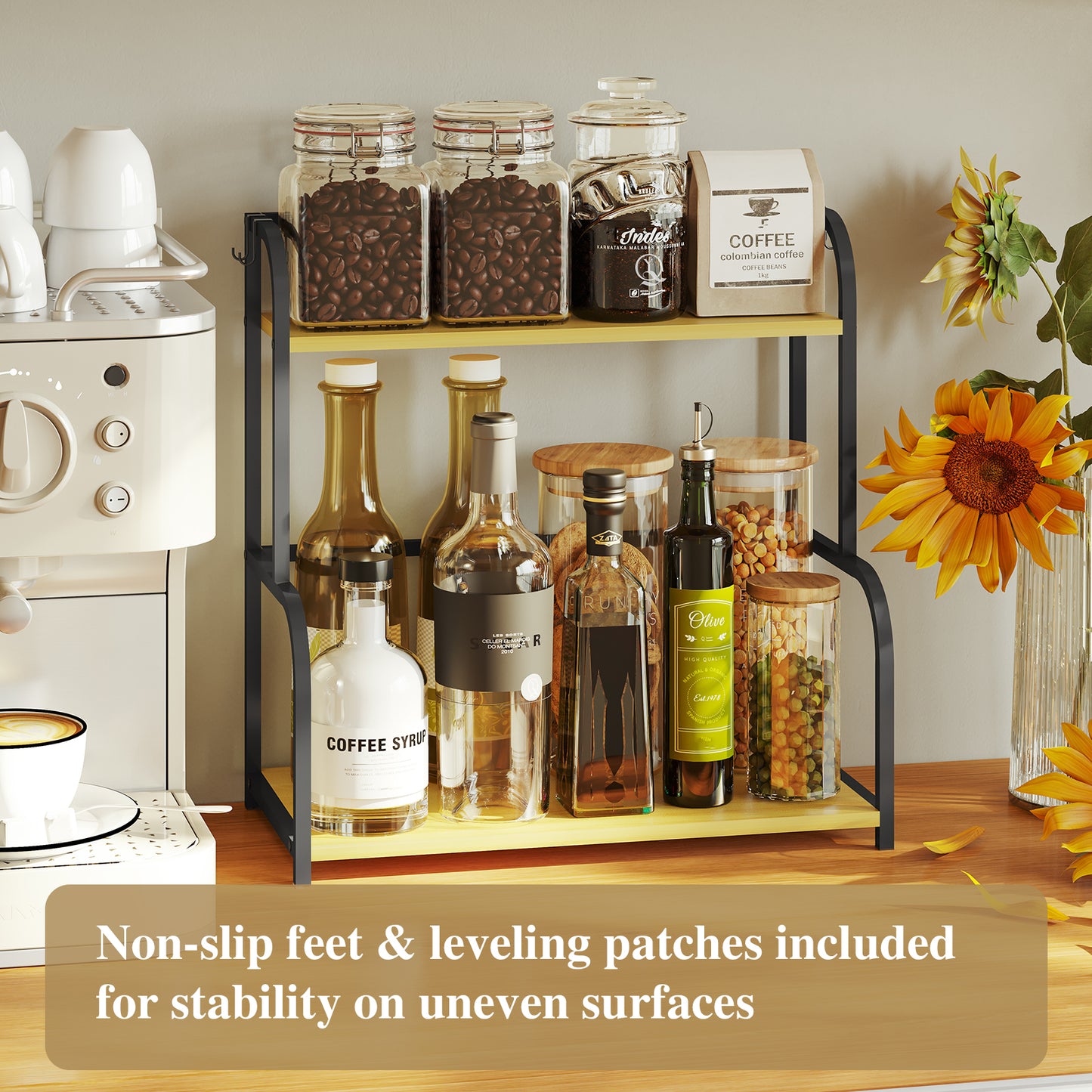 Alow 15.7"D x 7.95"W x 16.3"H Countertop Organizer 2 Tier Shelves Kitchen Shelf Organiser Spice Rack Storage Cupboard Organizer Black Wooden for Counter Top - Small Desk Worktop Organisation Unit
