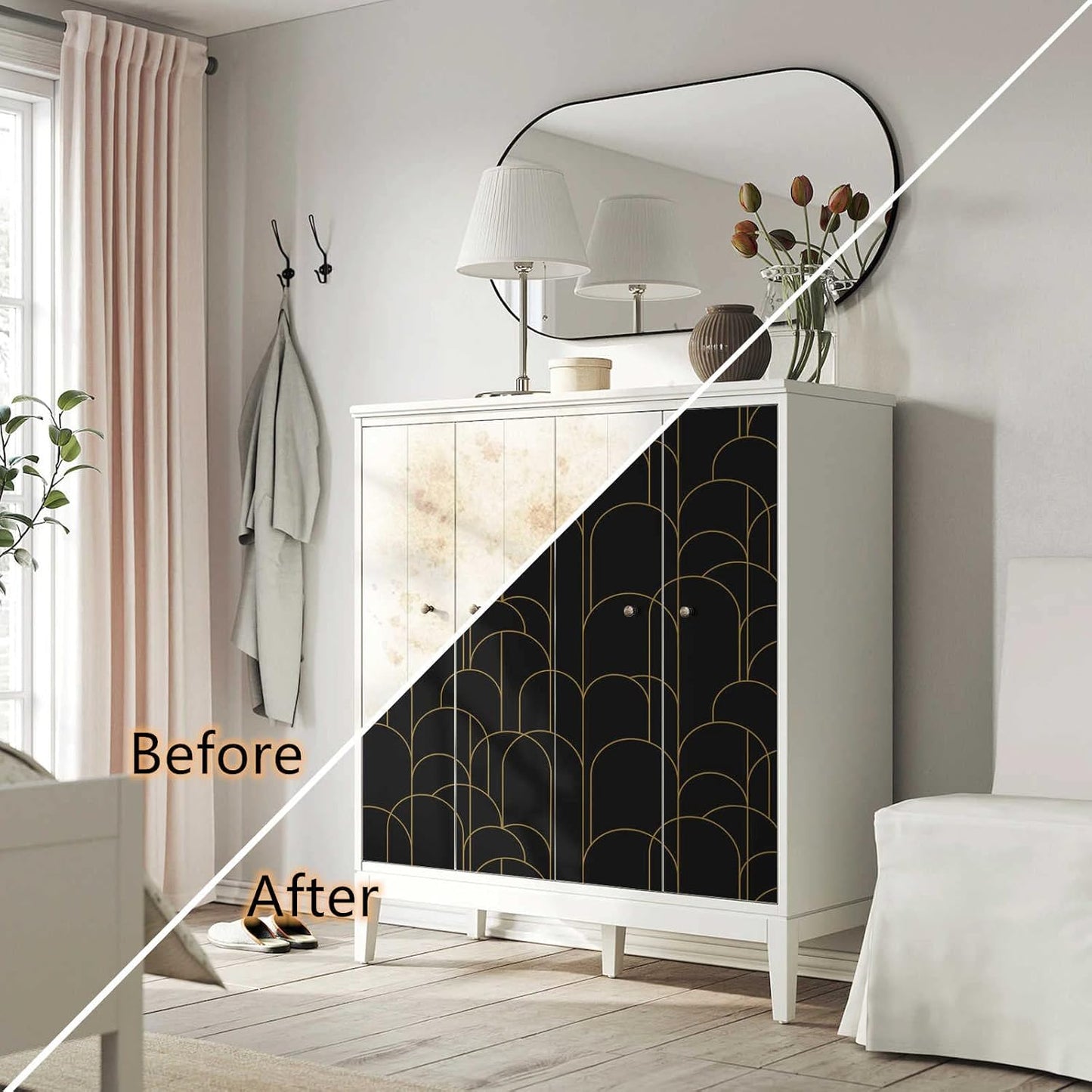 Abyssaly Black Peel and Stick Wallpaper Strip Line Contact Paper 17.7" x 78.7" Black/Gold Geometric Self-Adhesive Removable Vinyl Wallpaper for Bedroom