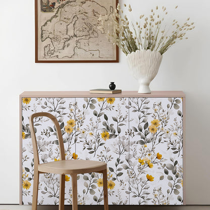 Abyssaly Floral Peel and Stick Wallpaper 17.3 "x 118.1" Yellow Flower and Ink-Wash Leaves Wallpaper Vintage Vinyl Contact Paper Suitable for Home Walls Cabinet Bedroom