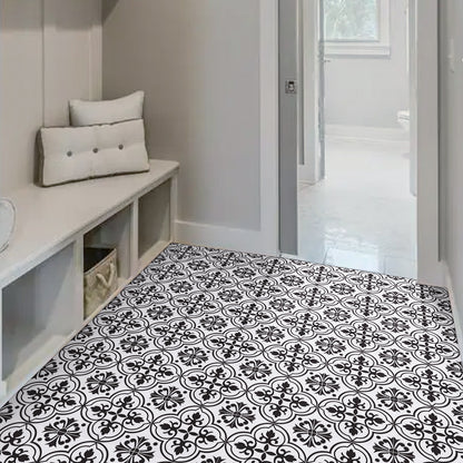 Abyssaly 11.8" x 11.8" 20 Pcs Peel and Stick Floor Tile Black and White Flower Flooring Tile Vinyl Waterproof DIY Floor for Bathroom, Kitchen