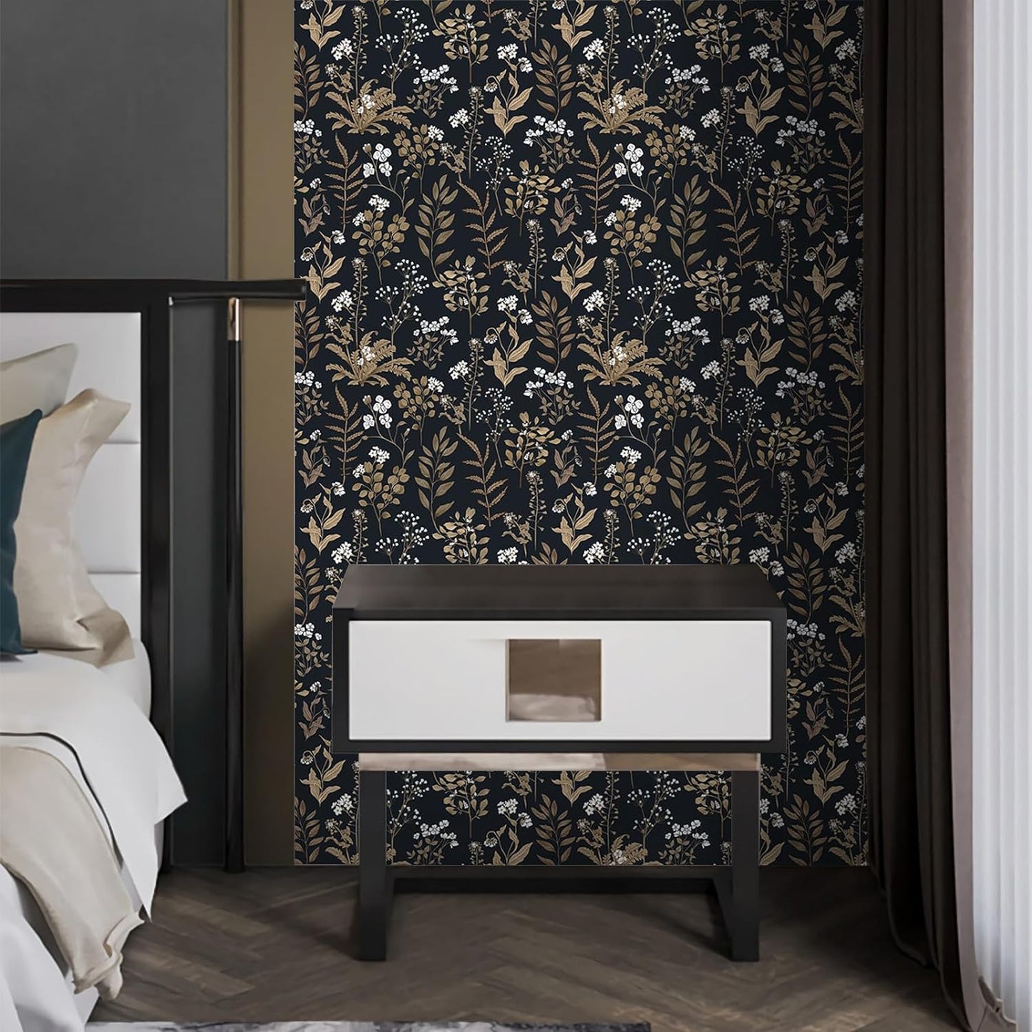 UMIGGEE 17.7-in x 393-in Floral Wallpaper Peel and Stick Floral Black Wallpaper Self Adhesive Flower Wall Paper Contact Paper Home Decor Wall Covering Old Furniture Renovation