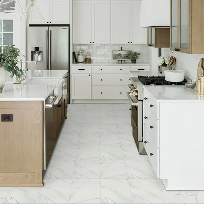 Lxcreat Peel and Stick Floor Tile White Marble Look, Self Adhesive and Durable Vinyl Flooring, Floor Tiles Peel and Stick Waterproof and Easy to Clean, DIY for Bathroom Kitchen 12x12inch (10pcs)