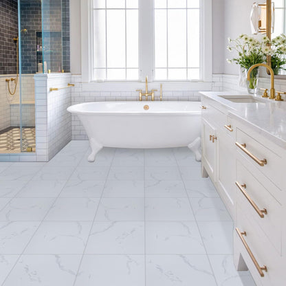 UMIGGEE White Marble Peel and Stick Floor Tile Self Adhesive Vinyl Flooring 12-in x12-in x1.0mm (20-pcs)For Kitchen Living Room Bedroom Home Decoration (20 Sq. ft./Pack)