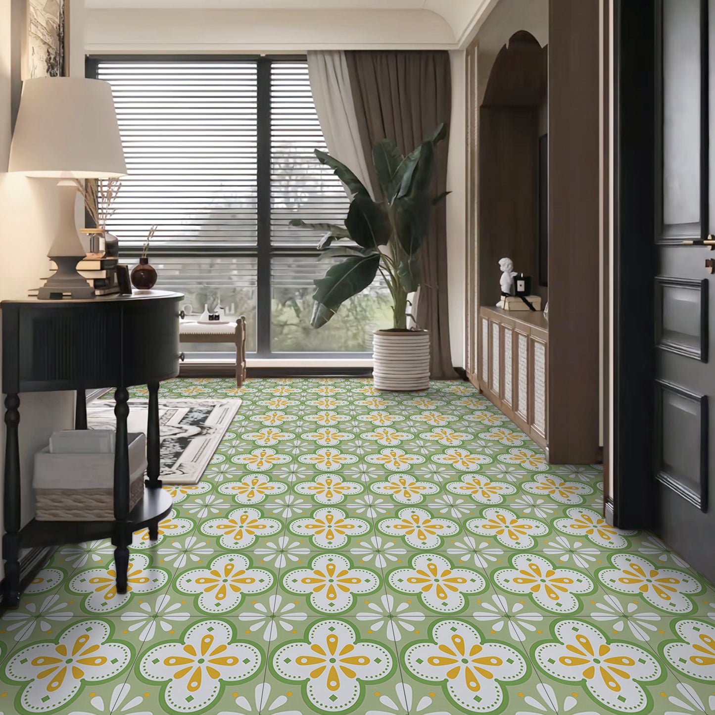 UMIGGEE Peel and Stick Floor Tile 12in x 12in x 1mm (10 Pcs/Pack) Floor Green flower Self Adhesive Vinyl Flooring Durable Transform for Kitchen Bedroom Laundry Room (10 Sq. ft/Pack)