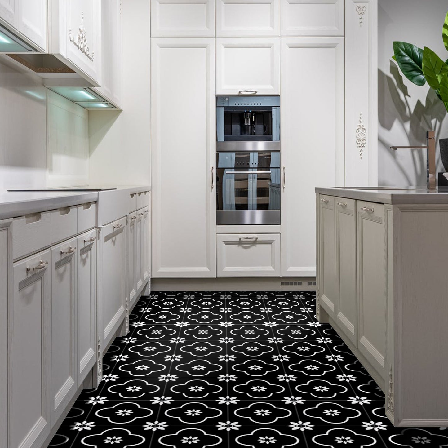 Abyssaly 20Pcs Black and White Vinyl Flooring Peel and Stick 12" x 12" Self Adhesive Floor Tile Removable Stickers Tile