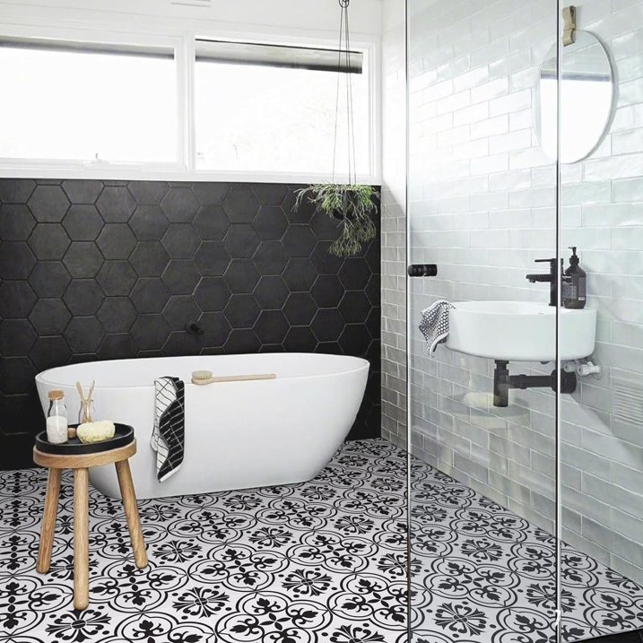 Lxcreat Peel and Stick Floor Tile Flooring Black and White Flower, Vinyl Flooring Self-Adhesive Removable for Bathroom/Kitchen (10 Pcs 11.8-in x 11.8-in)