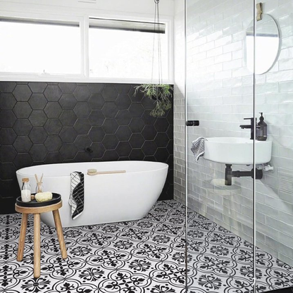 Lxcreat Peel and Stick Floor Tile Flooring Black and White Flower, Vinyl Flooring Self-Adhesive Removable for Bathroom/Kitchen (10 Pcs 11.8-in x 11.8-in)