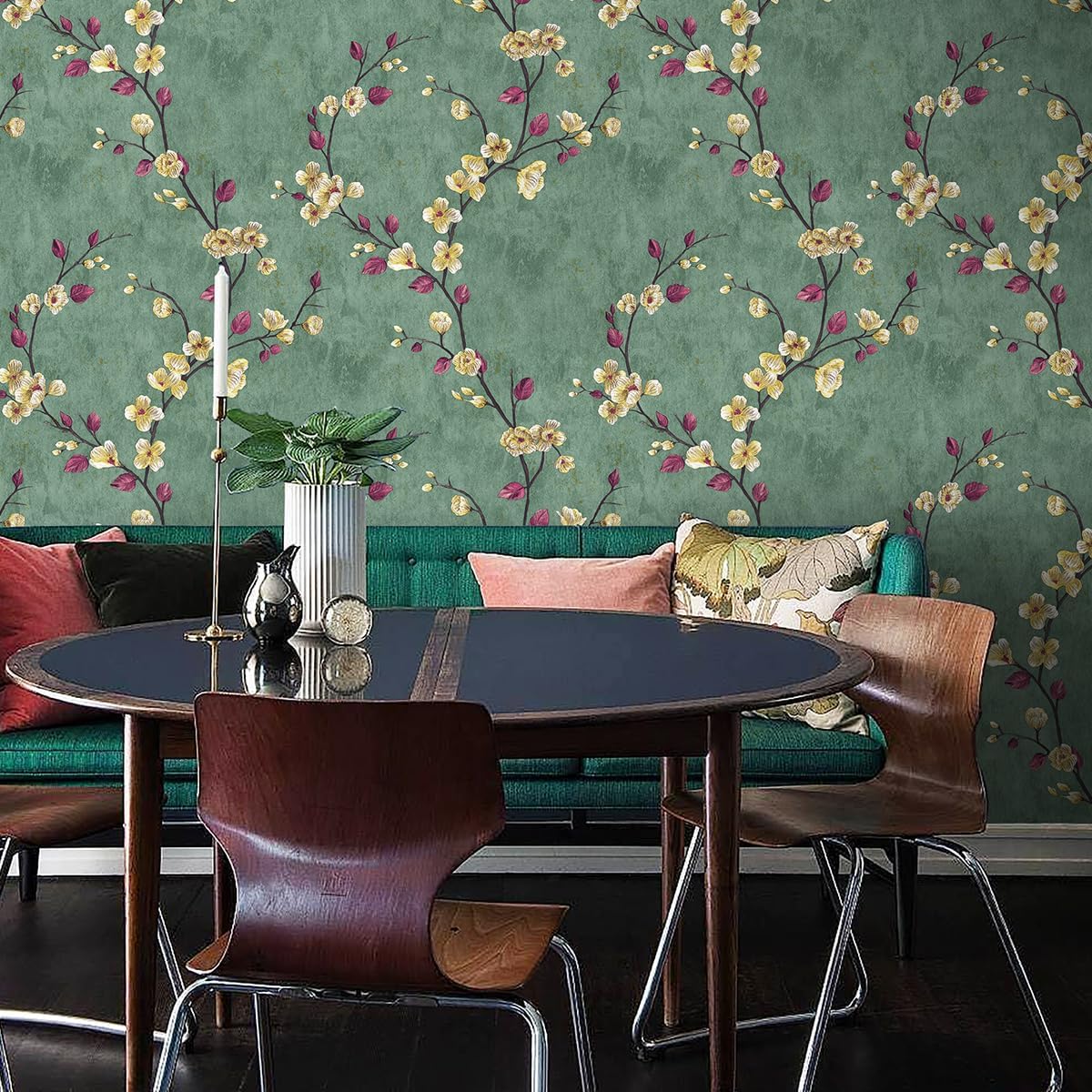 Meiban Floral Peel and Stick Wallpaper Green Floral Contact Paper 17.7" x 118" Removable Wallpaper Decorative Self Adhesive Wallpaper Wall Paper for Home Decor Wall Covering Old Furniture Renovation