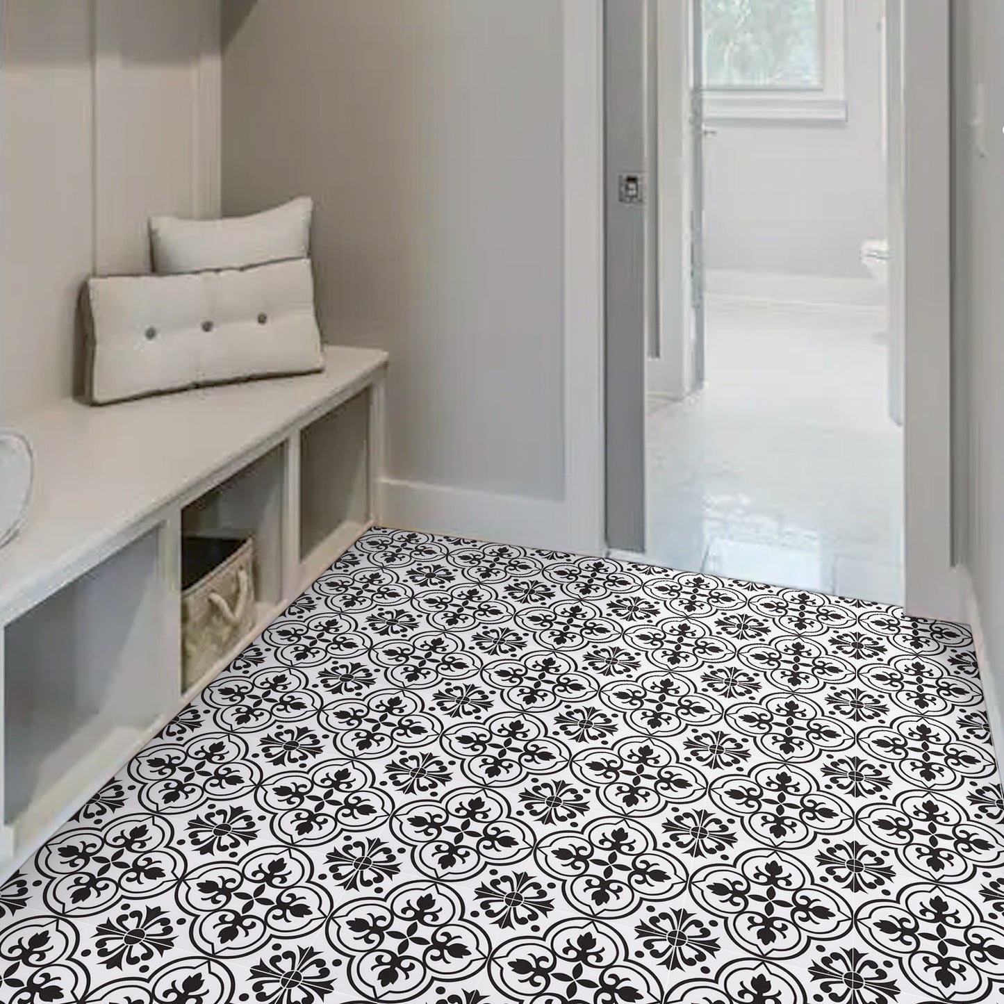 Abyssaly Peel and Stick Floor Tile 11.8" x 11.8" 10 Pcs Black and White Flower Floor Vinyl Flooring Waterproof DIY Flooring for Bathroom, Kitchen, Bedroom, Living Room