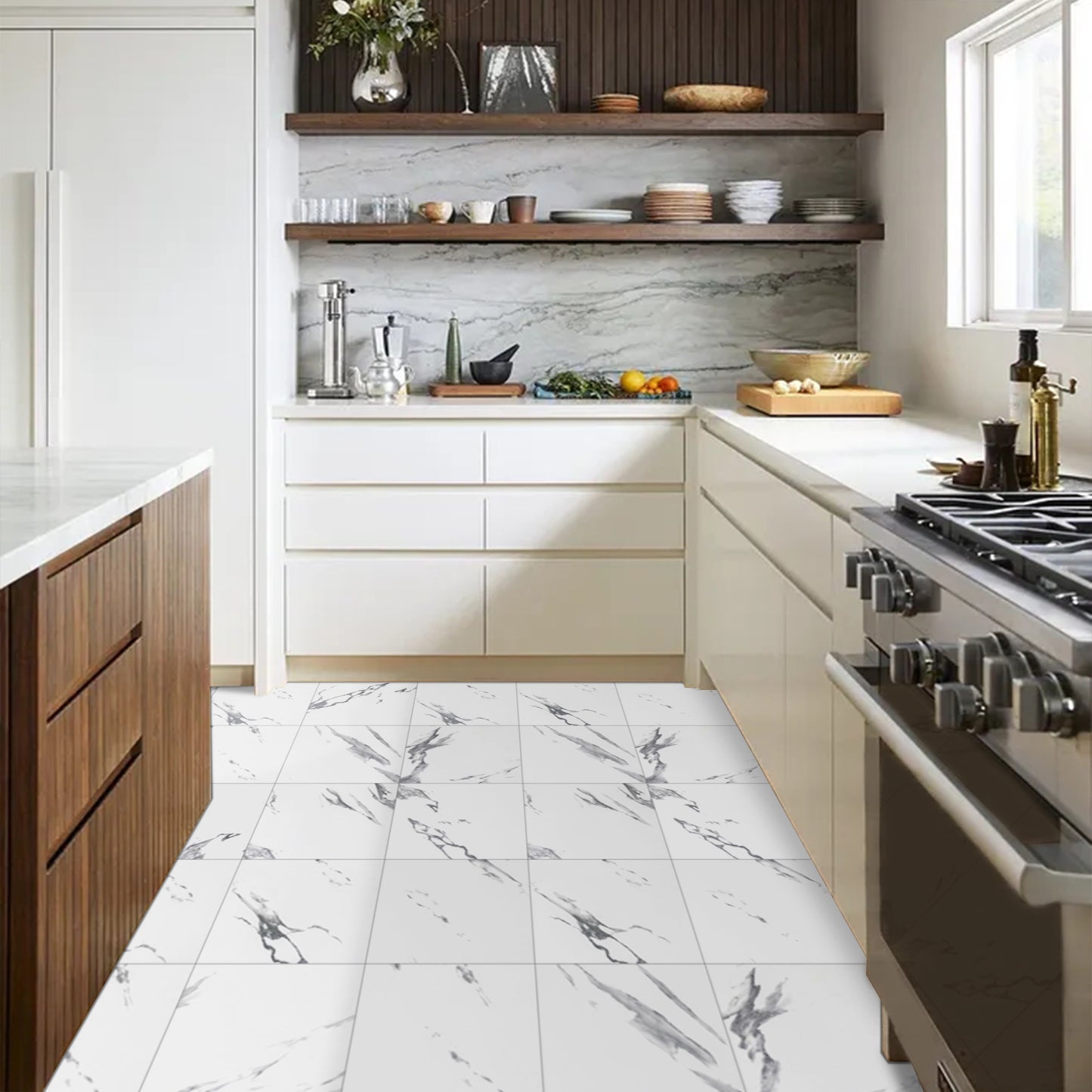 UMIGGEE White Marble Peel and Stick Floor Tile Vinyl Flooring 12-in x 12-in Upgrade Thickness for Kitchen Living Room Bedroom Home Decor 10Pcs/Pack (10 Sq. ft./Pack)