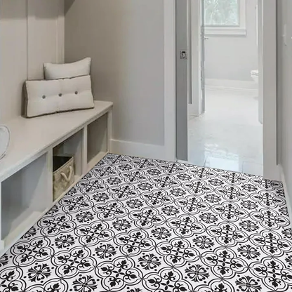 Lxcreat 20 Pcs Peel and Stick Floor Tile Flooring Black and White Flower, Vinyl Flooring 11.8-in x 11.8-in Self-Adhesive Removable for Bathroom/Kitchen