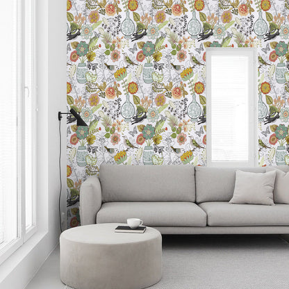 Abyssaly 17.7" x 236" Floral Peel and Stick Wallpaper Birds Mural, Animal Contact Paper White Green Red Vinyl Self Adhesive Wallpaper for Bedroom Home Decoration