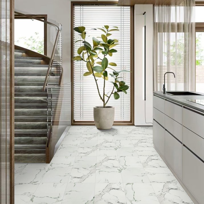 Lxcreat Vinyl Flooring 12" x 12" Peel and Stick Floor Tile Waterproof Removable Flooring Tiles for Rentals Bathroom Kitchen, White and Grey Marble Look