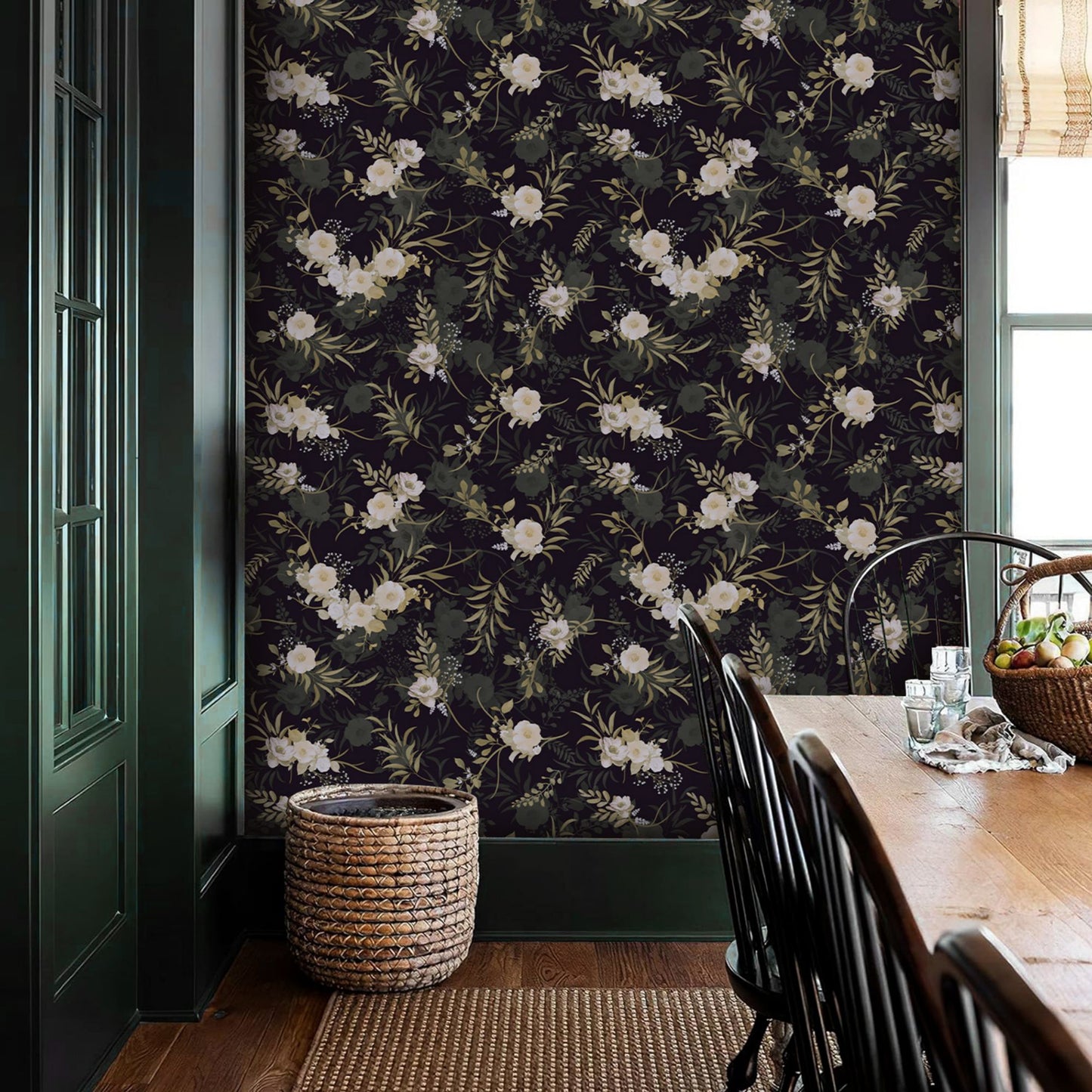 Abyssaly 17.3" x 393" Floral Peel & Stick Wallpaper Black Vinyl Wallpaper Contact Paper