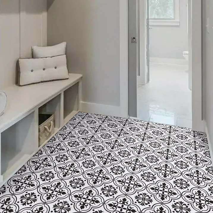 Lxcreat Peel and Stick Floor Tile Flooring Black and White Flower,Vinyl Flooring 11.8-in x 11.8-in Self-Adhesive Removable for Bathroom/Kitchen 10 Pcs