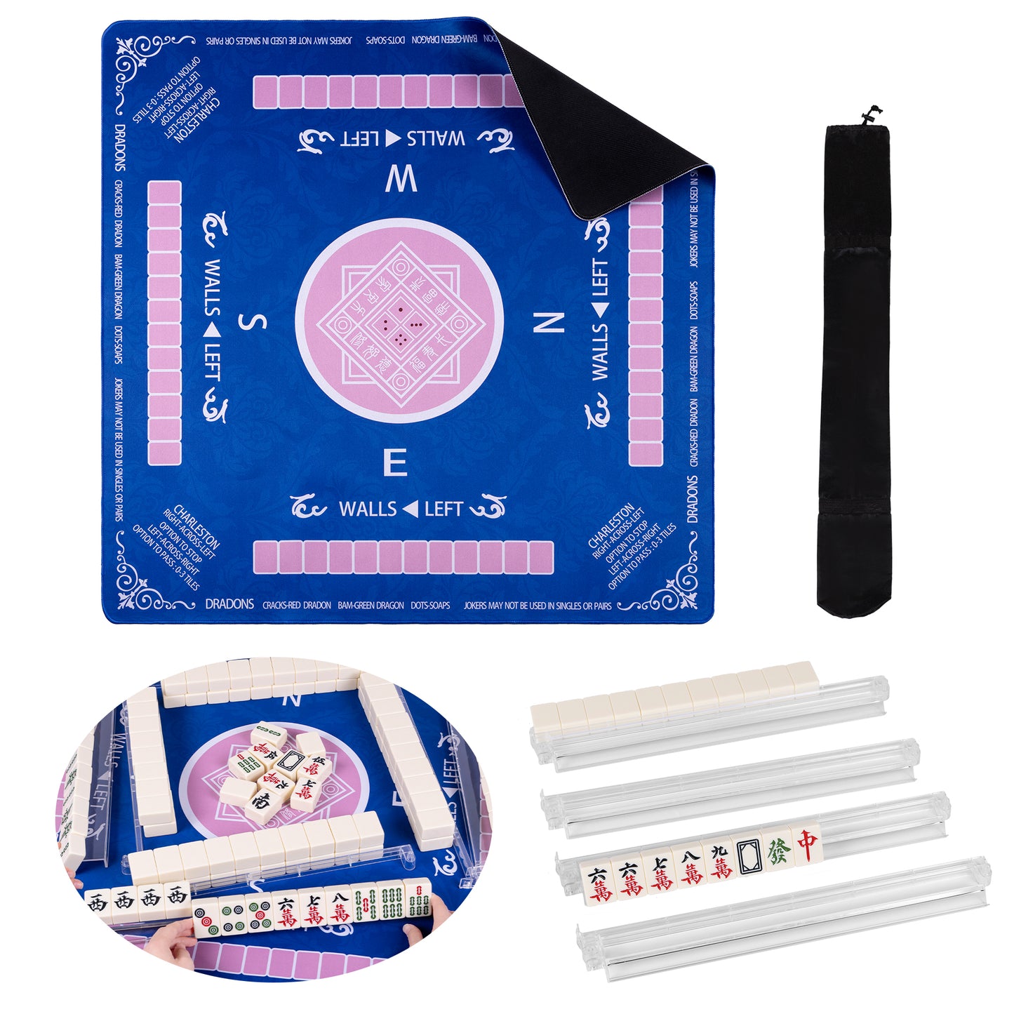 Blue Mahjong Mat for Table with 4 Racks - 32.6x32.6 Inch Anti Slip Mats for Poker, Cards, Dominoes Table Cover, Board Games - Noise Reduction Foldable Mah jongg Table Cover - Rectangle Mahjong Pad