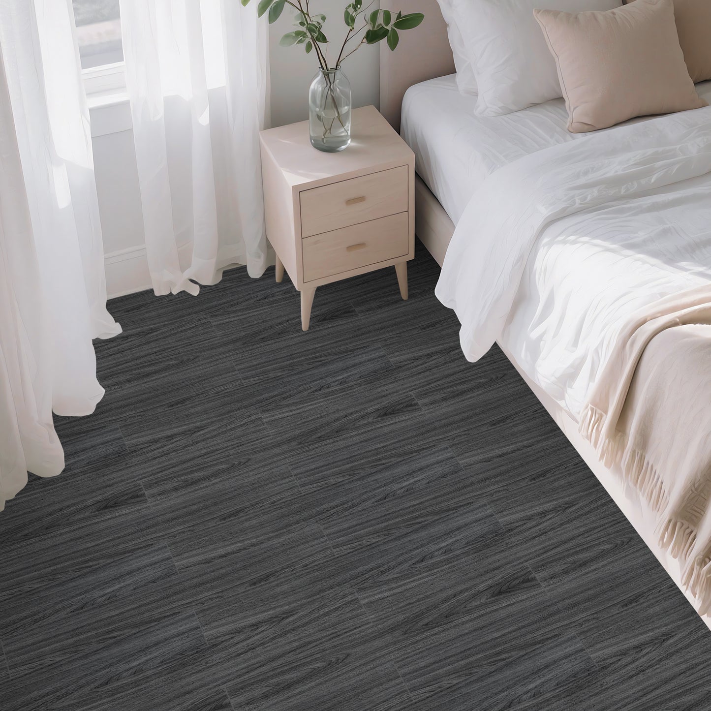 Abyssaly Wood Grain Peel and Stick Flooring Tile, 35.8" x 5.9" 10 Pcs, Dark Gray Color Self Adhesive Vinyl Thicken Flooring Tile Wood Planks