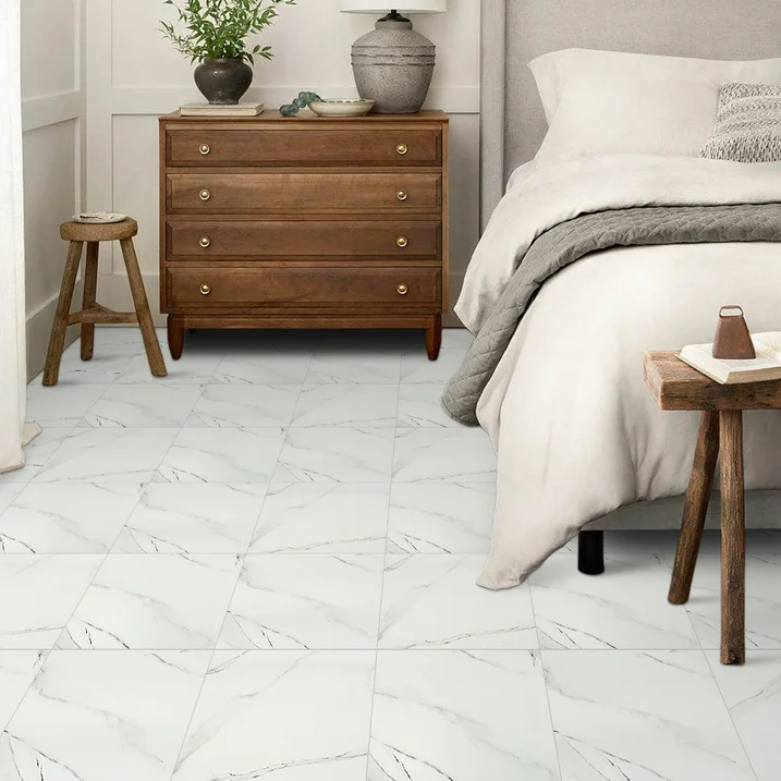 Lxcreat Peel and Stick Floor Tile White Marble Look, Self Adhesive and Durable Vinyl Flooring, Floor Tiles Peel and Stick Waterproof and Easy to Clean, DIY for Bathroom Kitchen 12x12inch (10pcs)