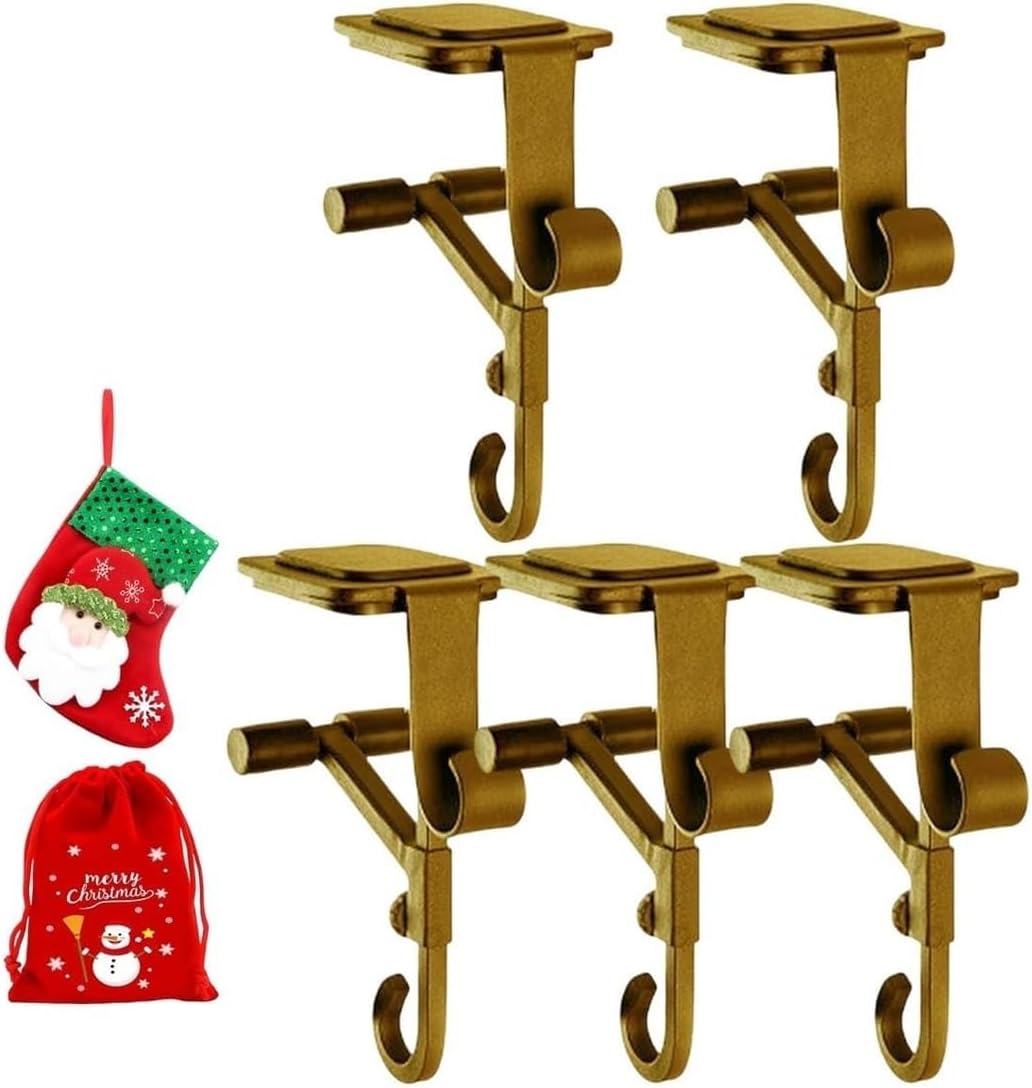 Lxcreat Fireplace Stocking and Garland Hanger, Paeose Garland Holder for Mantle, Adjustable 2 in 1 Double Mantel Hangers for Front Door, Christmas Stocking Holder for Home Decoration (Gold-5pcs)