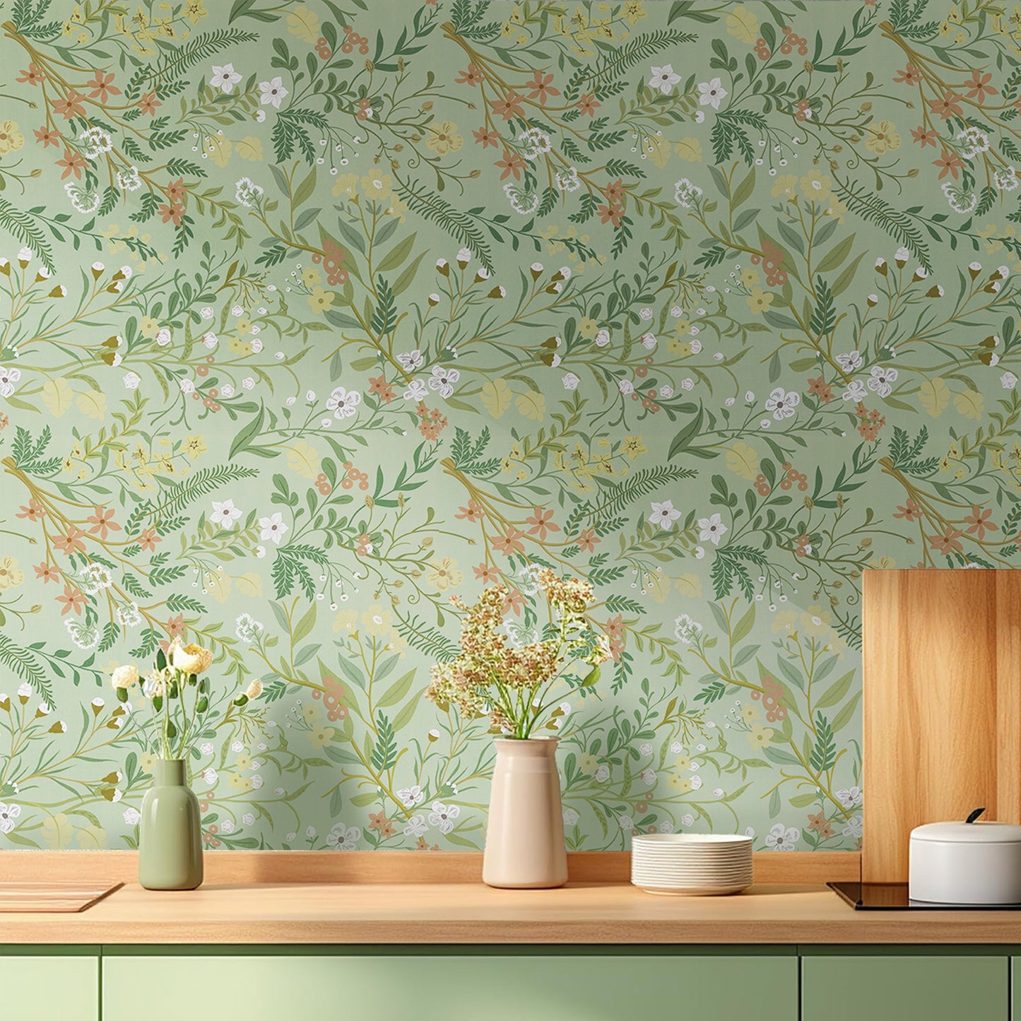Abyssaly Floral Peel and Stick Wallpaper 17.3"×118" Removable Self-Adhesive Green Vinyl Wallpaper for Home Decor