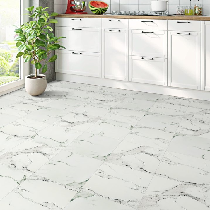 Lxcreat Vinyl Flooring 12" x 12" Peel and Stick Floor Tile Waterproof Removable Flooring Tiles for Rentals Bathroom Kitchen, White and Grey Marble Look