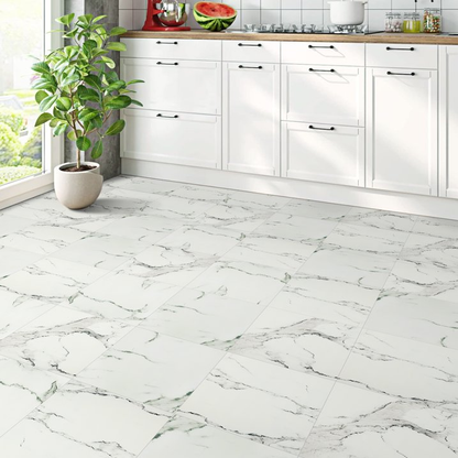 Lxcreat Vinyl Flooring 12" x 12" Peel and Stick Floor Tile Waterproof Removable Flooring Tiles for Rentals Bathroom Kitchen, White and Grey Marble Look