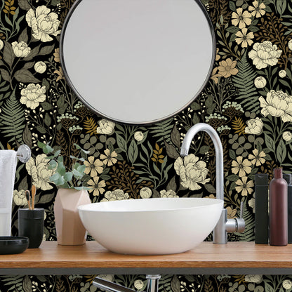 UMIGGEE Floral Wallpaper Peel and Stick Floral Black Wallpaper Self Adhesive Flower Wall Paper Contact Paper 17.7" x 118" Home Decor Wall Covering Old Furniture Renovation
