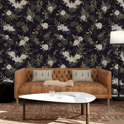 Abyssaly 17.3" x 393" Floral Peel & Stick Wallpaper Black Vinyl Wallpaper Contact Paper