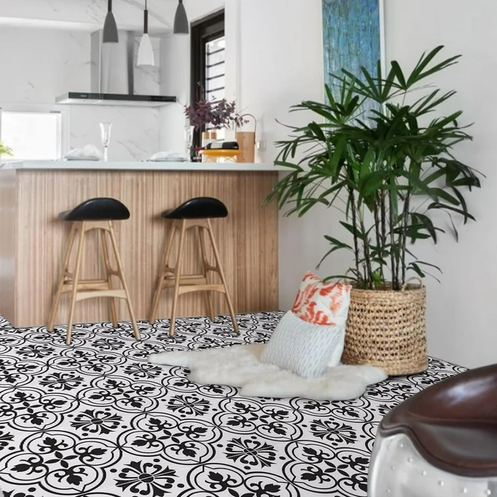 Lxcreat Peel and Stick Floor Tile Flooring Black and White Flower, Vinyl Flooring Self-Adhesive Removable for Bathroom/Kitchen (10 Pcs 11.8-in x 11.8-in)