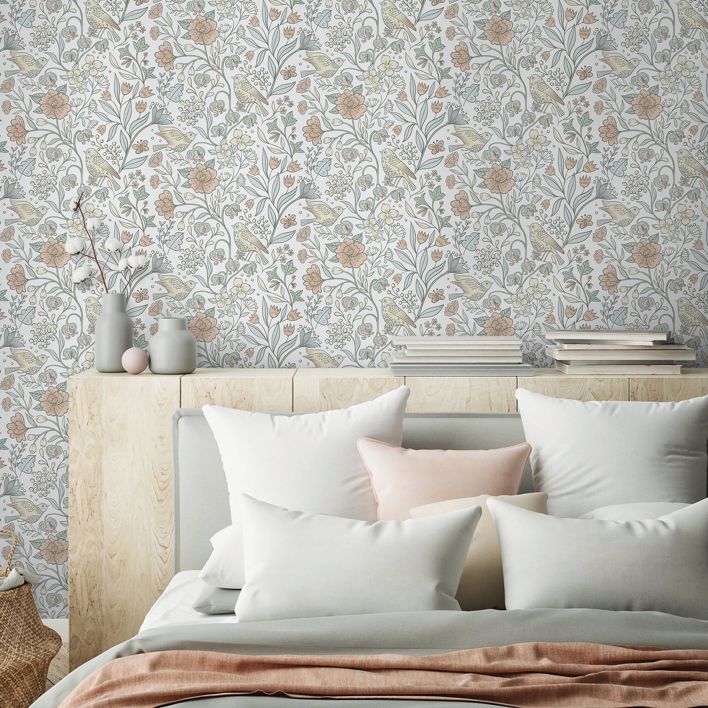 Abyssaly Floral Peel and Stick Wallpaper 17.7 "x 236" White Bird and Flower Wallpaper Vintage Vinyl Contact Paper Suitable for Home Walls Cabinet Bedroom