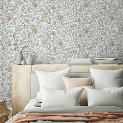 Abyssaly Floral Peel and Stick Wallpaper 17.7 "x 236" White Bird and Flower Wallpaper Vintage Vinyl Contact Paper Suitable for Home Walls Cabinet Bedroom