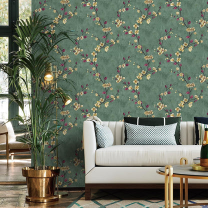 Meiban Floral Peel and Stick Wallpaper Green Floral Contact Paper 17.7" x 118" Removable Wallpaper Decorative Self Adhesive Wallpaper Wall Paper for Home Decor Wall Covering Old Furniture Renovation