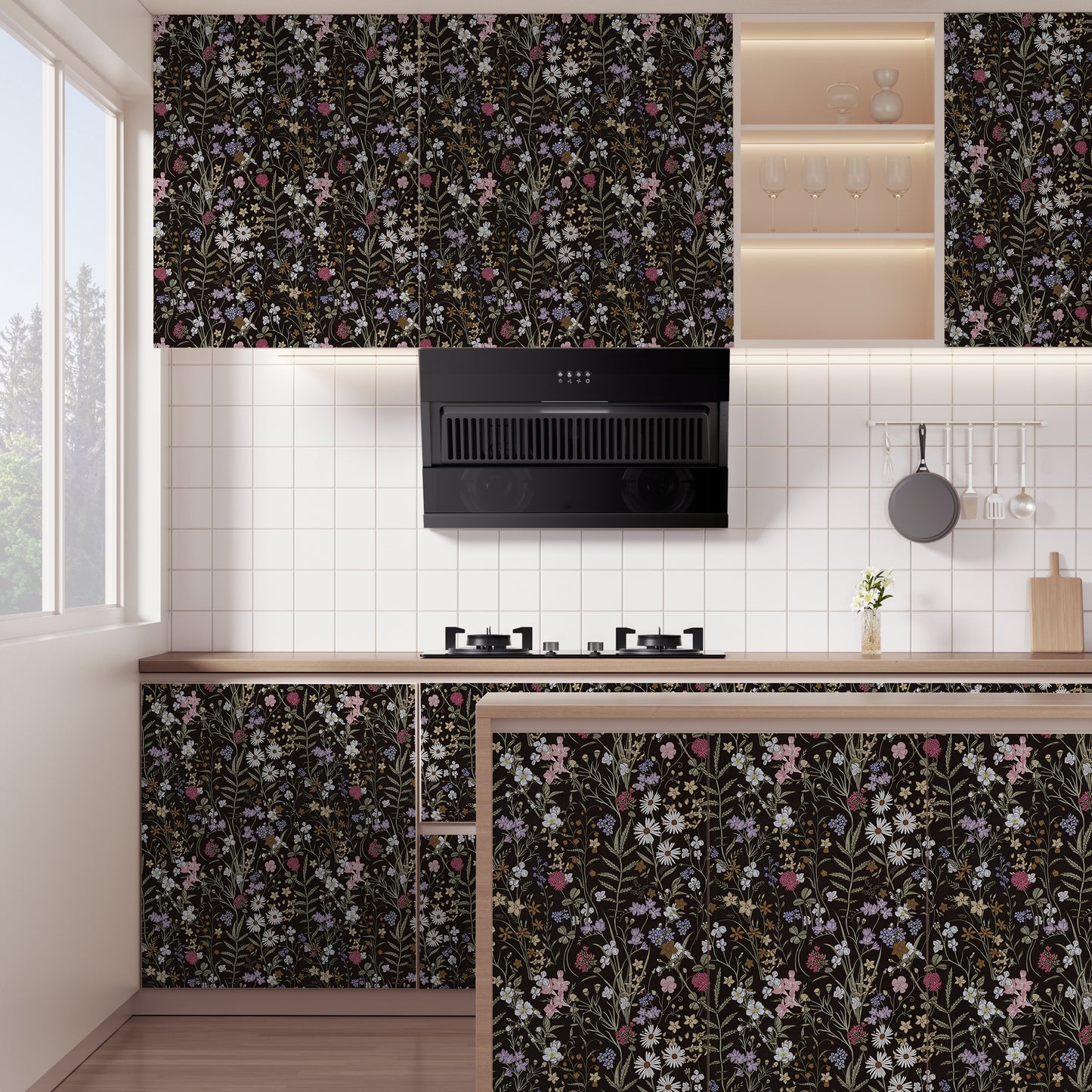 Abyssaly Floral Peel and Stick Wallpaper 17.7" x 118" Black Flower Wallpaper Self-Adhesive Removable Contact Paper for Bedroom Kitchen Living Room